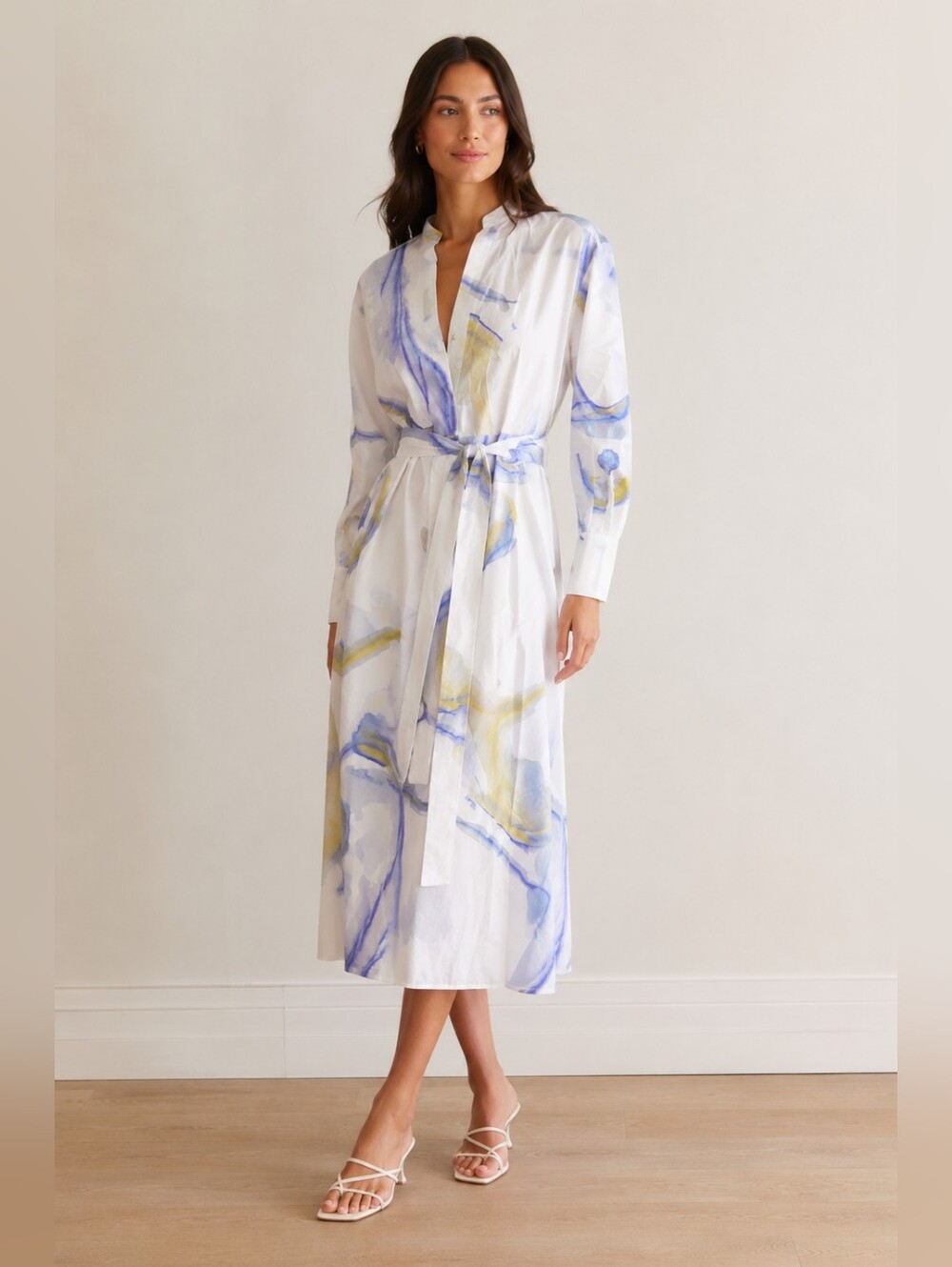 Romy X Anouk Watercolor Marble Shirt Dress in White, Blue & Yellow